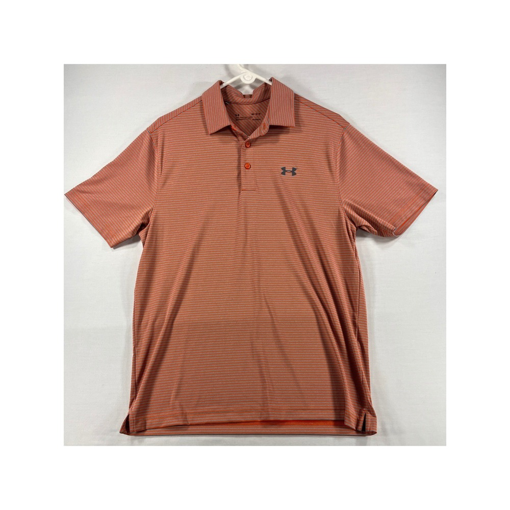 Under Armour Mens HeatGear Striped Polo Shirt Orange Grey Loose Fit Medium